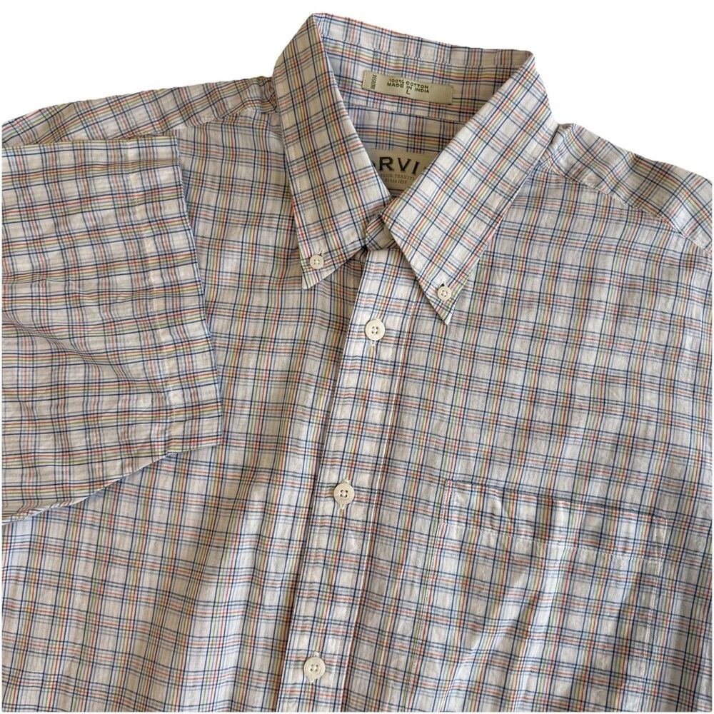 Orvis Short Sleeve Camp Shirt Mens Large White Red Plaid Cotton Straight Hem